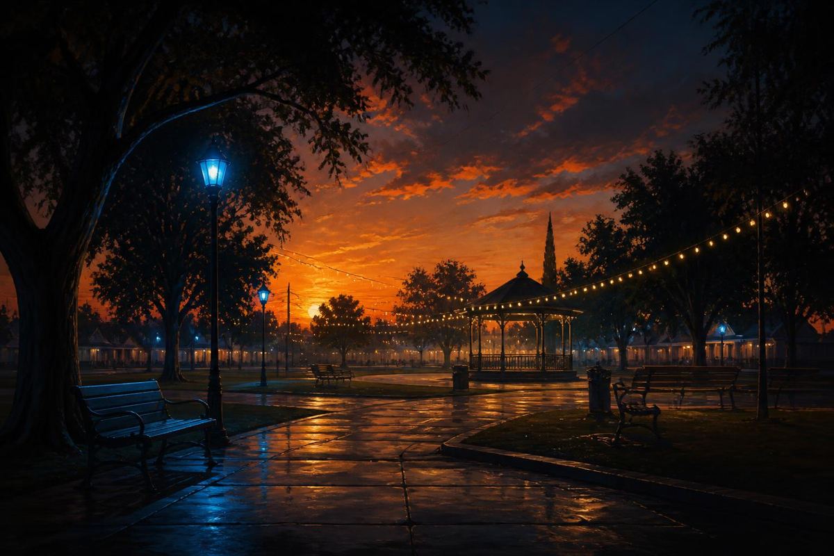 Ilustración de un parque de barrio con luces al atardecer