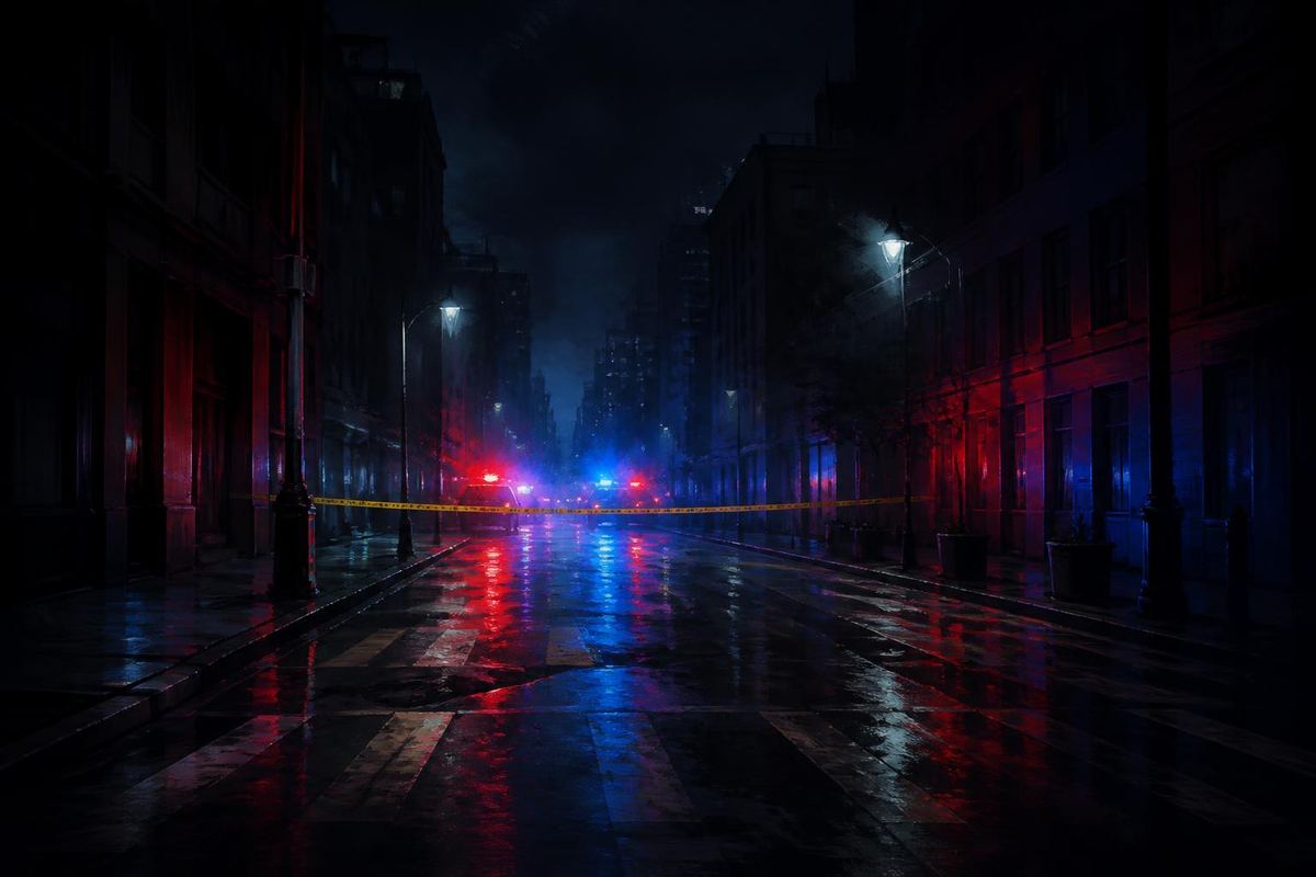 Ilustración de luces de emergencia reflejadas en una calle vacía de noche