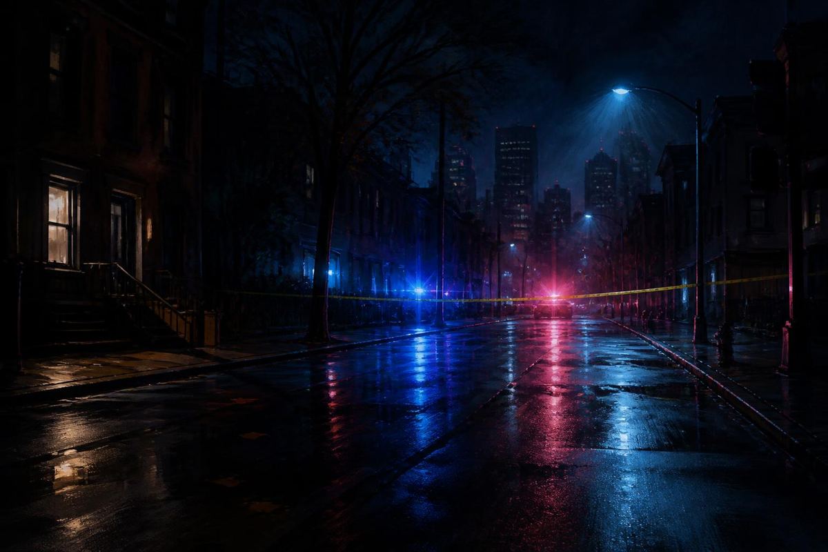 Ilustración de luces de emergencia reflejadas en una calle vacía de noche