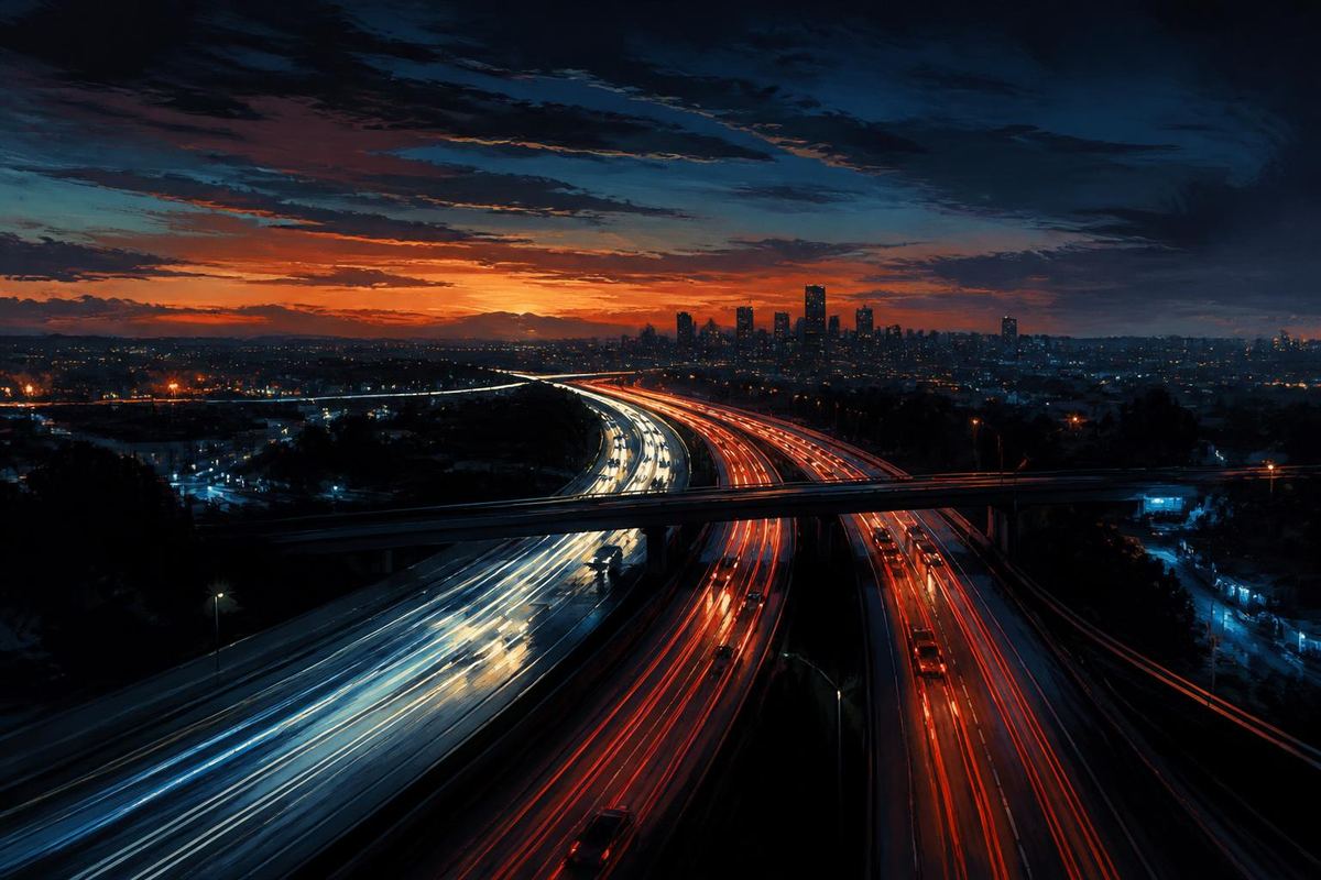 Ilustración de una autopista al anochecer con luces de autos en movimiento