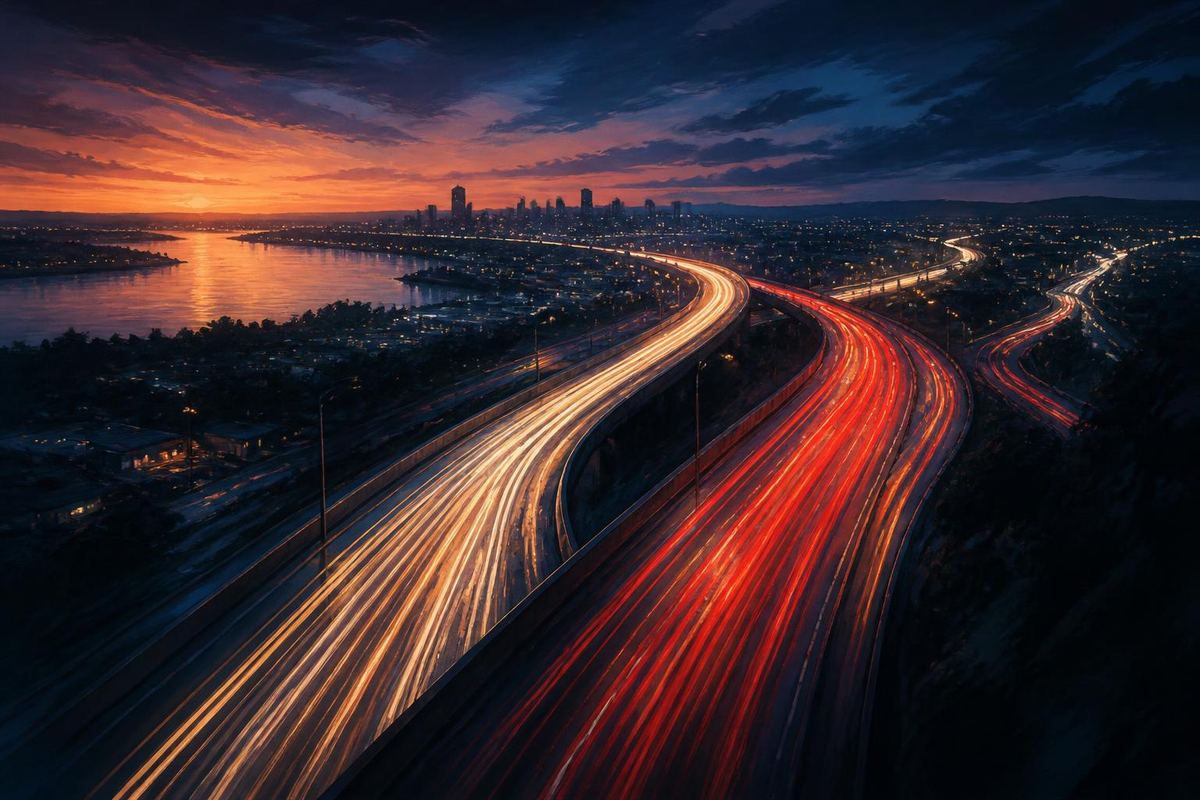Ilustración de una autopista al anochecer con luces de autos en movimiento