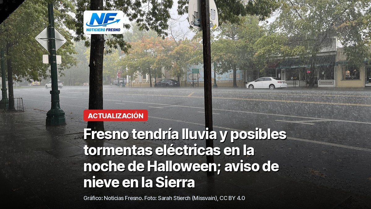 Lluvia sobre una calle y una banqueta mojada, foto de archivo tomada en Sonoma, con el titular de la nota; no es una foto de Fresno