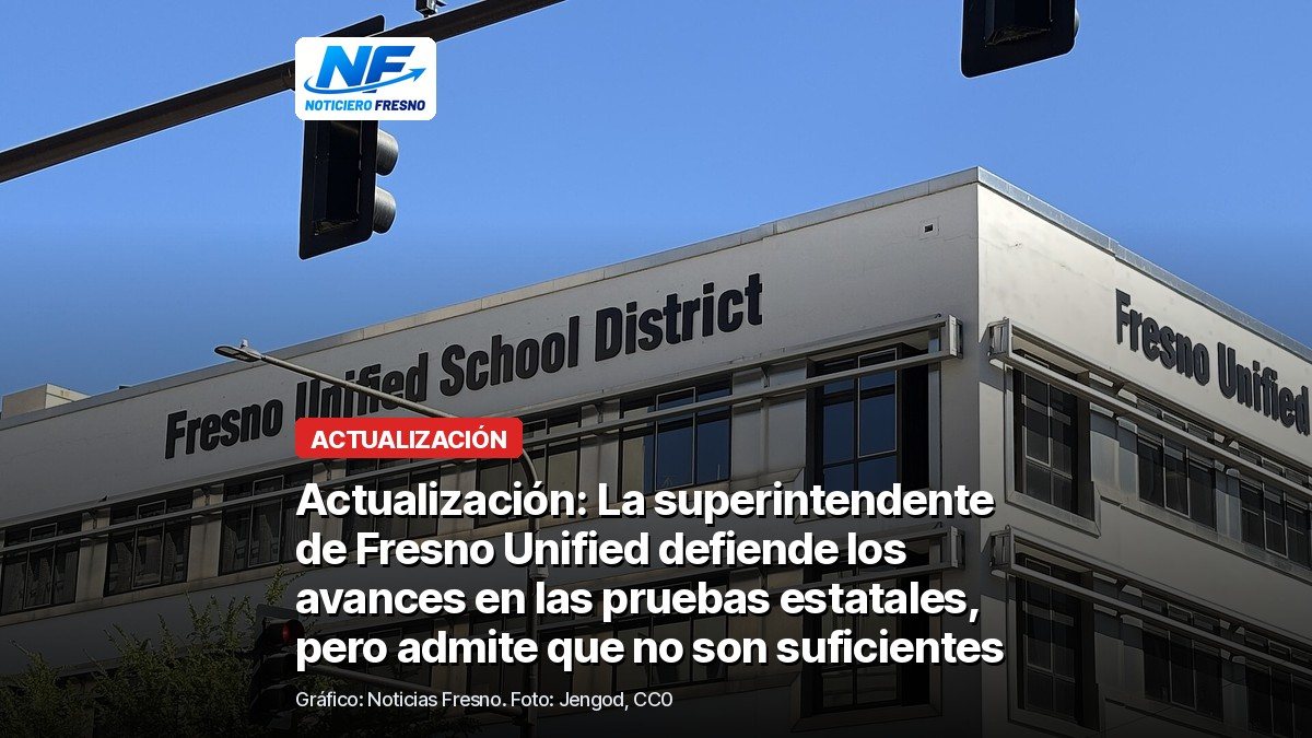 Edificio de oficinas del Distrito Escolar Unificado de Fresno en el centro de Fresno, con el titular de la nota