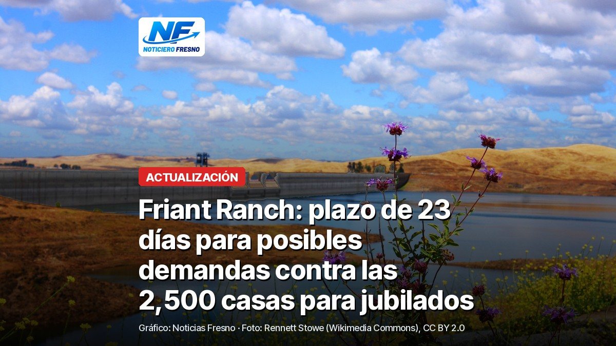 Foto de archivo de la presa Friant y Millerton Lake con lomas doradas y flores silvestres, con el titular de la nota; no es una foto del terreno del proyecto
