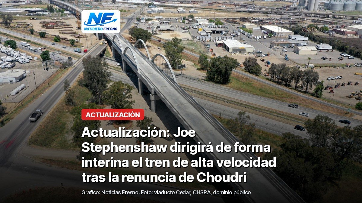 Foto de archivo del viaducto Cedar del tren de alta velocidad sobre la Carretera 99 al sur de Fresno, con el titular de la nota