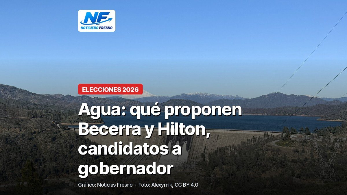 La represa Shasta y su lago, foto de archivo de 2025, con el titular de la nota sobre las propuestas de agua de los candidatos a gobernador