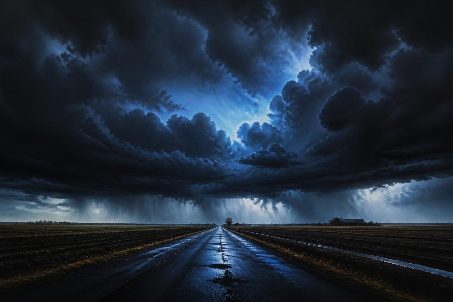 Imagen ilustrativa: nubes de tormenta sobre un camino rural del Valle Central