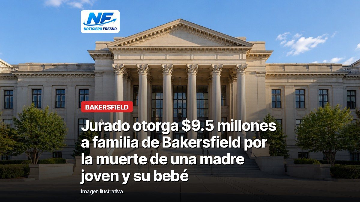 Imagen ilustrativa de un edificio de tribunal, con el titular de la nota
