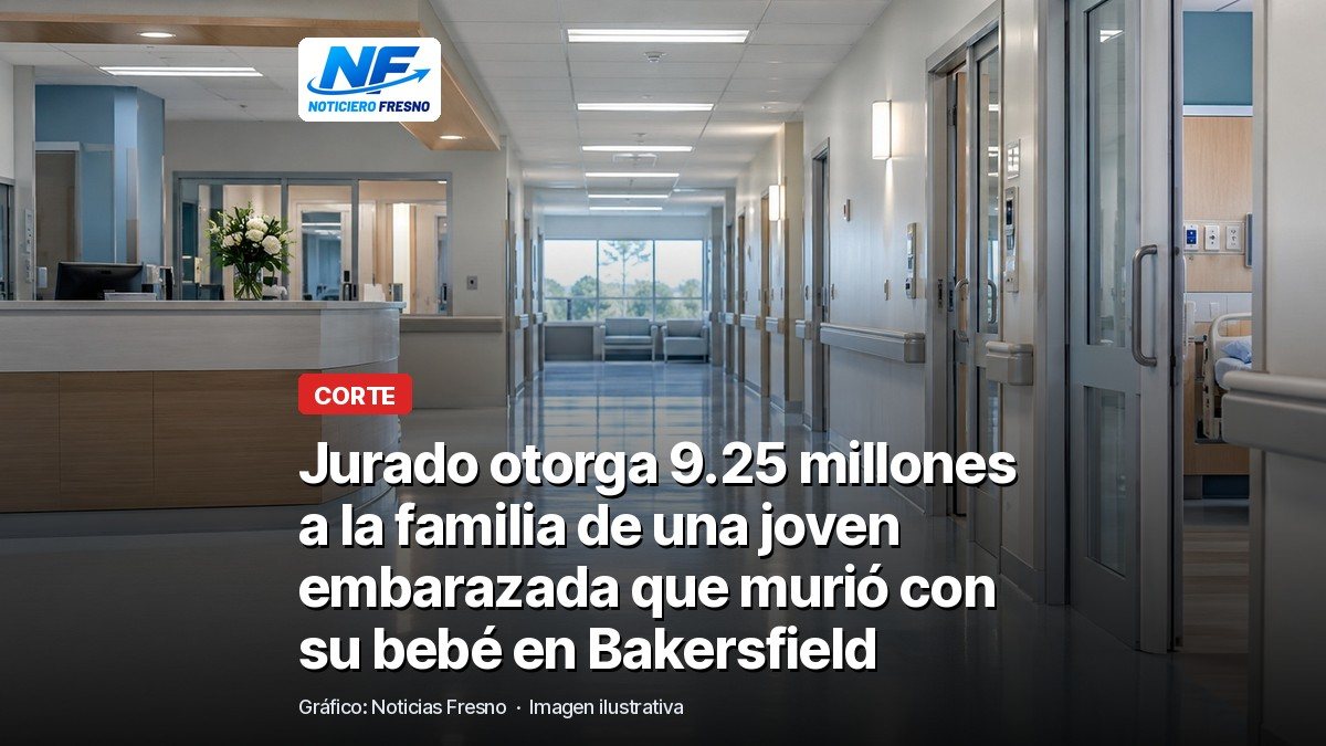 Imagen ilustrativa del pasillo de un hospital con el titular de la nota sobre el veredicto en el caso de Demi Dominguez en Bakersfield