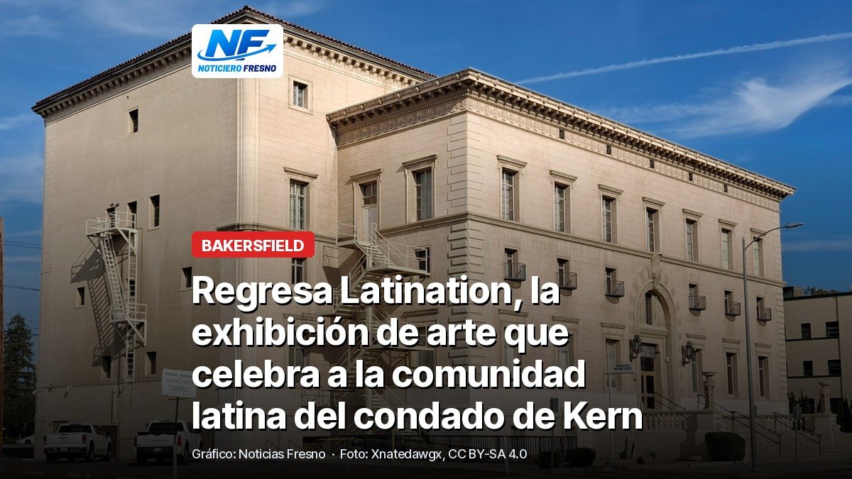 Edificio histórico en la calle 18 del centro de Bakersfield con el titular de la nota sobre la exhibición Latination