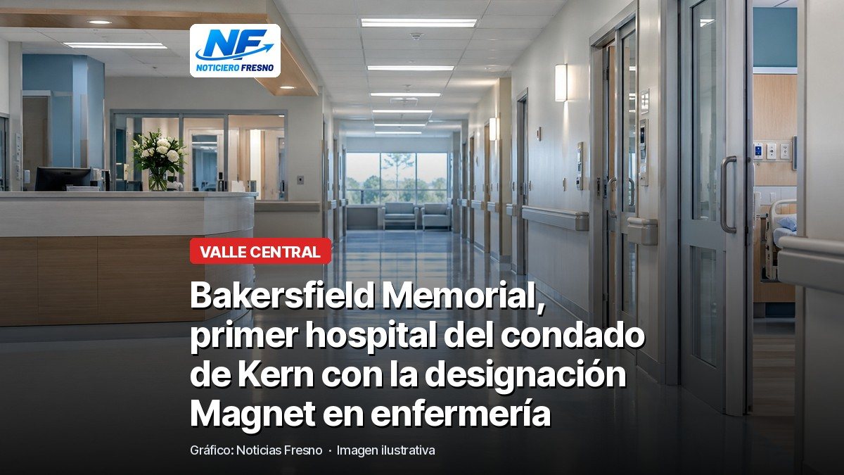 Pasillo de hospital genérico con el titular de la nota sobre la designación Magnet del Bakersfield Memorial Hospital