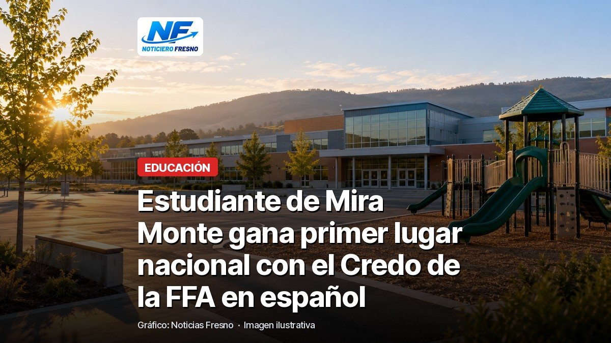 Imagen ilustrativa del patio de una escuela con el titular sobre el triunfo de Isaac Ovalle en la competencia del Credo de la FFA en español