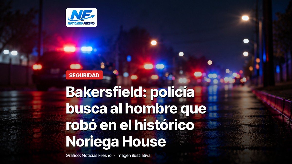 Imagen ilustrativa de luces de patrulla de noche con el titular de la nota sobre el robo al Noriega House de Bakersfield