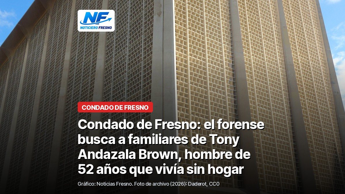 Foto de archivo del edificio del tribunal del Condado de Fresno, con el titular de la nota; no es una oficina del forense