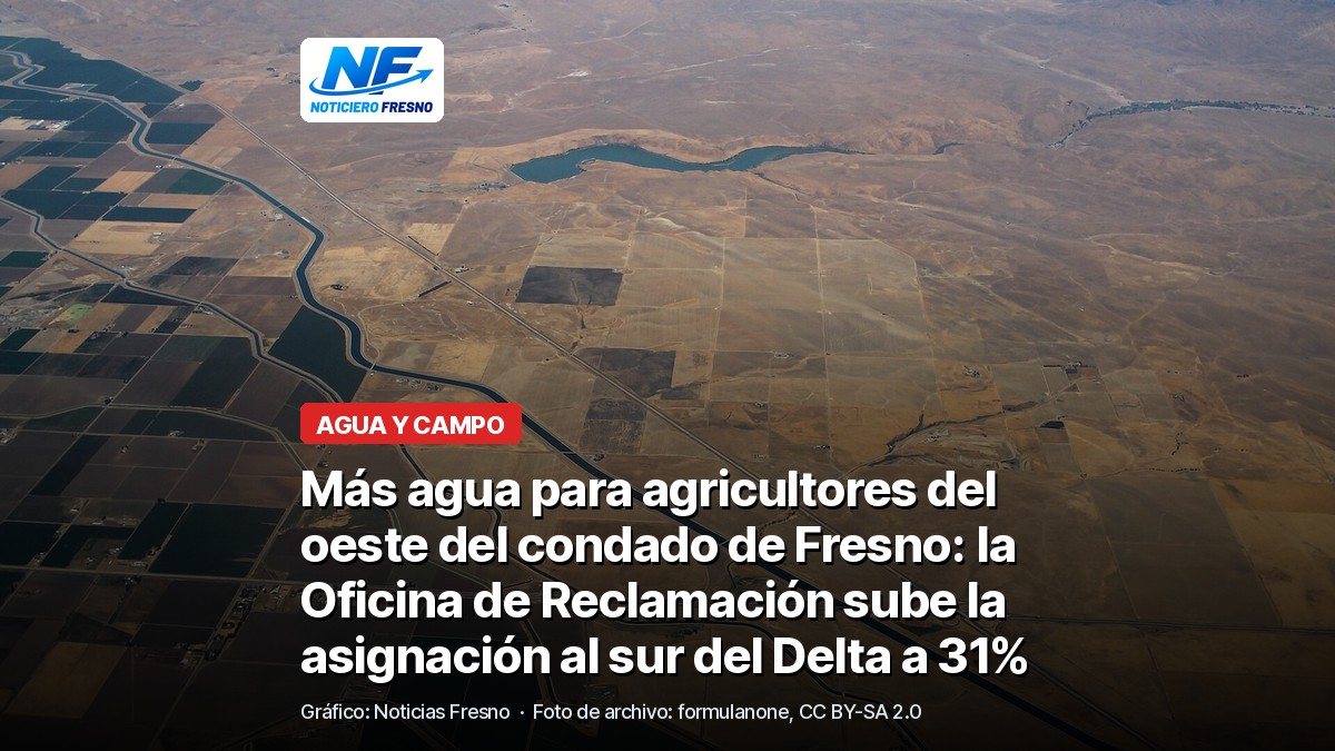 Foto aérea de archivo del canal San Luis del Acueducto de California entre campos de cultivo del Valle de San Joaquín, con el titular de la nota