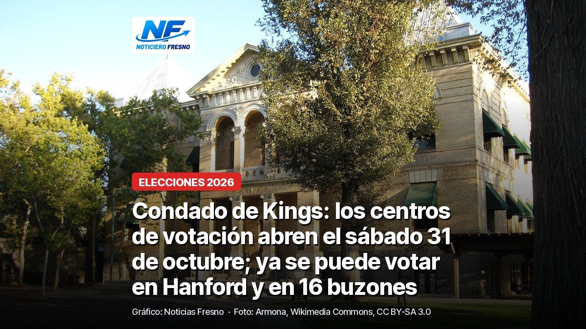 El antiguo palacio de justicia del condado de Kings, edificio histórico de ladrillo en el centro de Hanford, foto de archivo, con el titular de la nota sobre los centros de votación