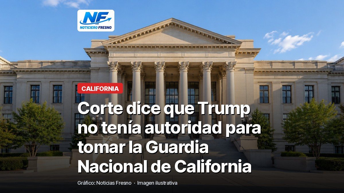Fachada de un edificio de tribunal, con el titular sobre la decisión de la corte de apelaciones acerca de la Guardia Nacional de California