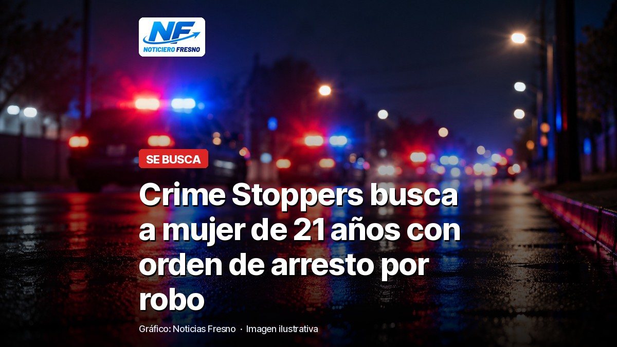 Luces de una patrulla de policía de noche, imagen ilustrativa, con el titular de la nota sobre la persona buscada por Valley Crime Stoppers