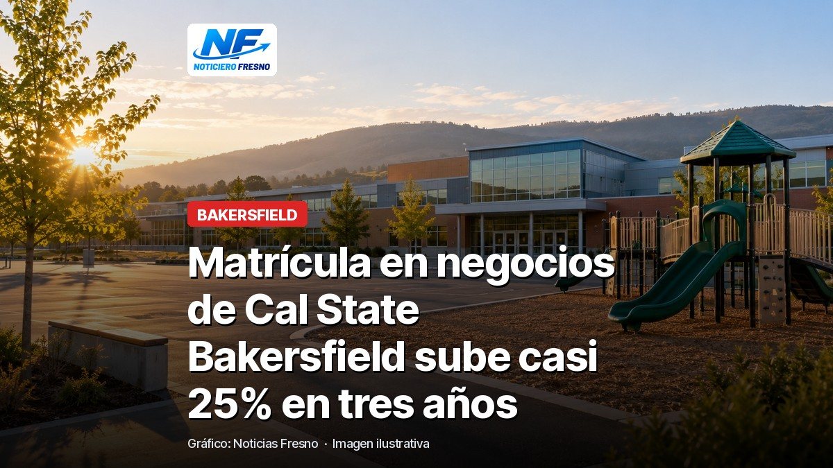 Imagen ilustrativa de un plantel escolar con el titular de la nota sobre la matrícula en CSUB