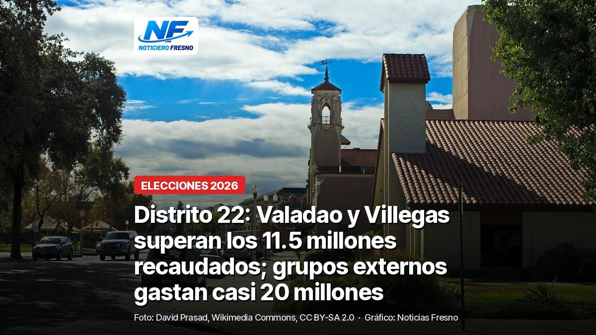 Calle del centro de Hanford, en el condado de Kings, en una mañana soleada, con el titular de la nota