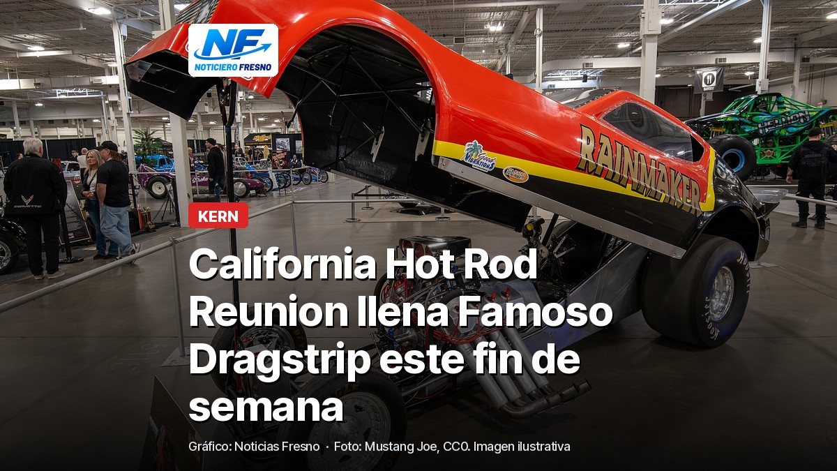 Auto de arrancones estilo clásico (funny car) en exhibición, con el titular de la nota
