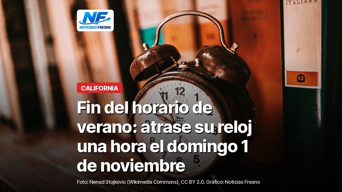 Reloj despertador antiguo sobre un librero, con el titular de la nota sobre el fin del horario de verano el domingo 1 de noviembre