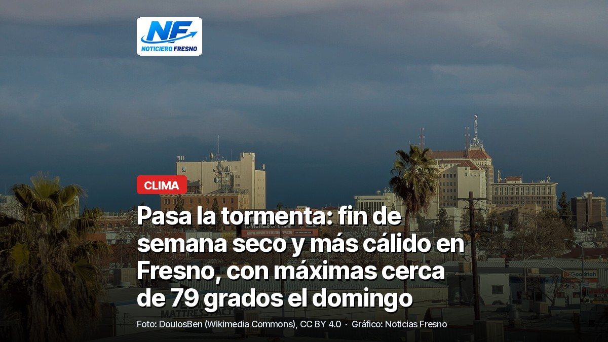 Vista del centro de Fresno con nubes de tormenta al fondo y sol sobre los edificios, con el titular de la nota
