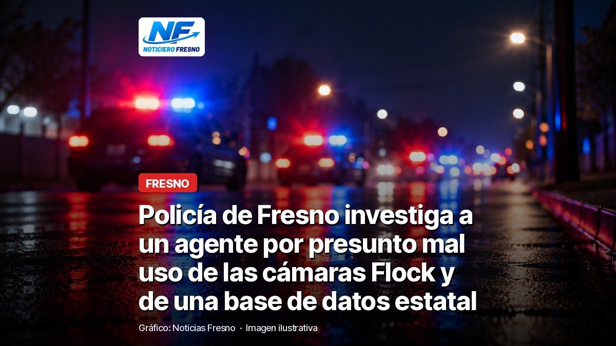 Imagen ilustrativa de luces de patrullas en una calle de noche con el titular de la nota sobre la investigación a un agente de la Policía de Fresno