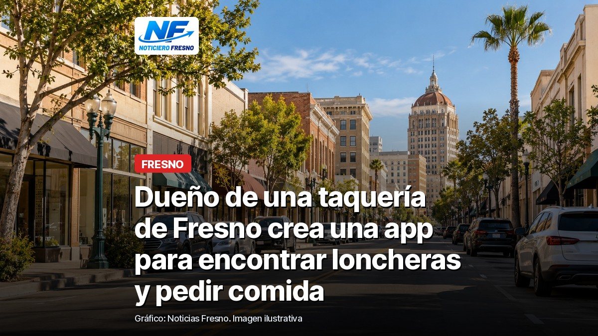 Calle con puestos de comida, con el titular sobre la nueva aplicación de loncheras en Fresno