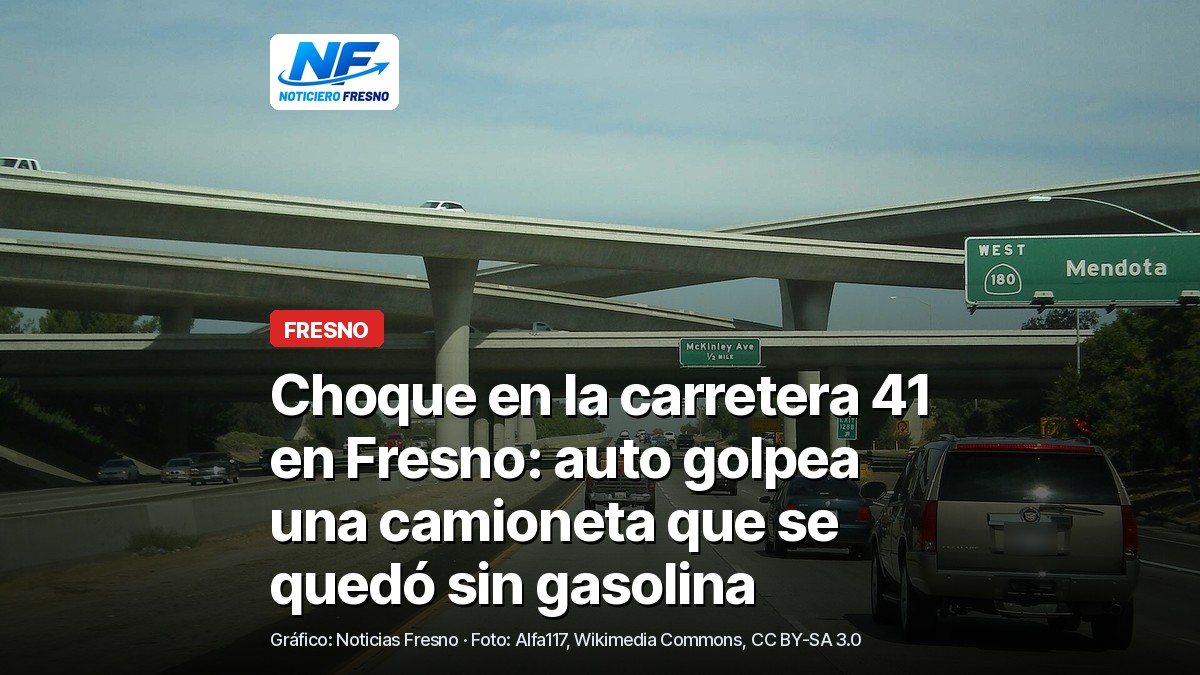 Carretera 41 en Fresno en dirección norte, con los puentes del enlace con la carretera 180 y tráfico ligero, foto de archivo de 2008, con el titular de la nota sobre el choque