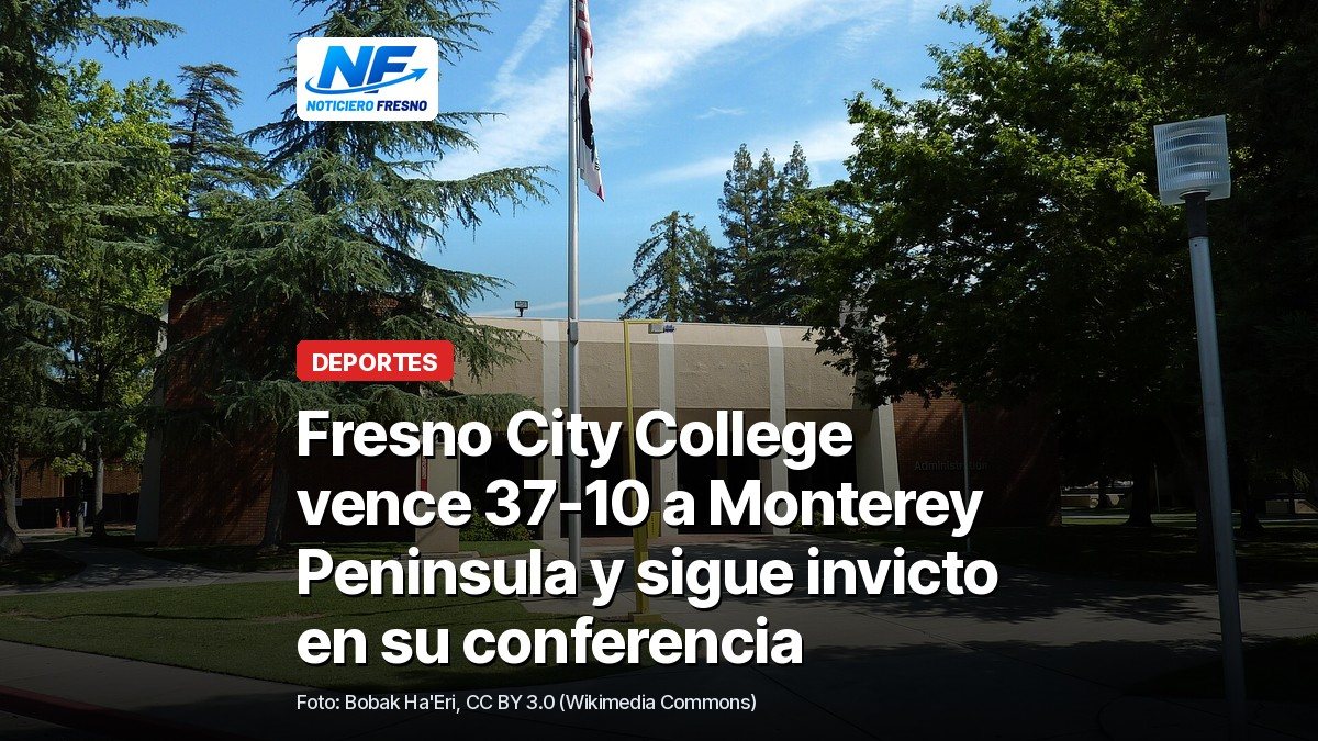 Edificio de administración de Fresno City College entre árboles y un asta con bandera, con el titular de la nota sobre el triunfo de los Rams