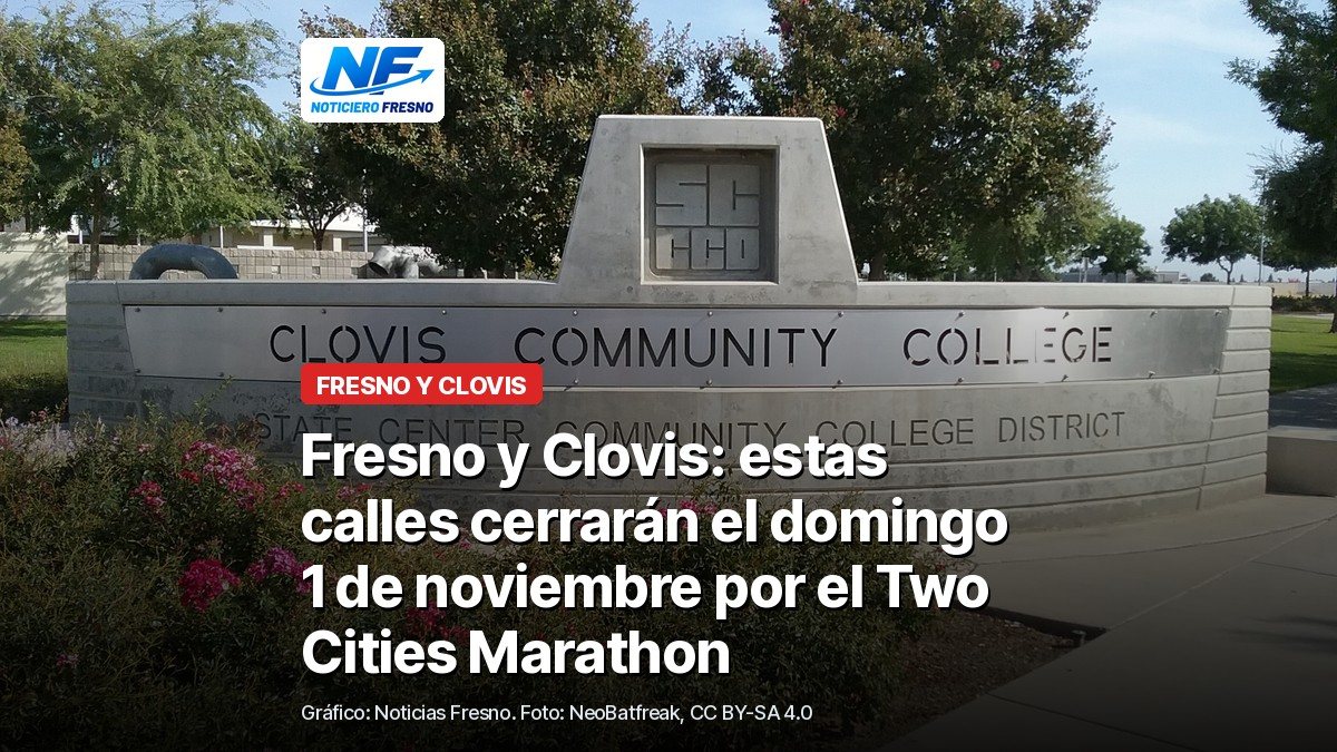 Letrero de la entrada de Clovis Community College, donde empieza y termina el Two Cities Marathon, foto de archivo de 2017, con el titular de la nota