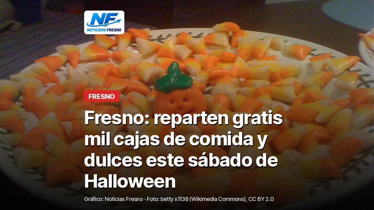 Foto de archivo de un plato de dulces de Halloween (candy corn) con una calabaza decorativa, y el titular de la nota