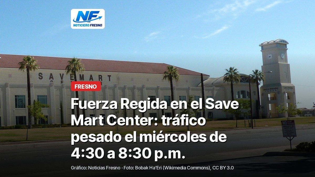 Foto de archivo del Save Mart Center en Fresno State, con su torre del reloj, y el titular de la nota