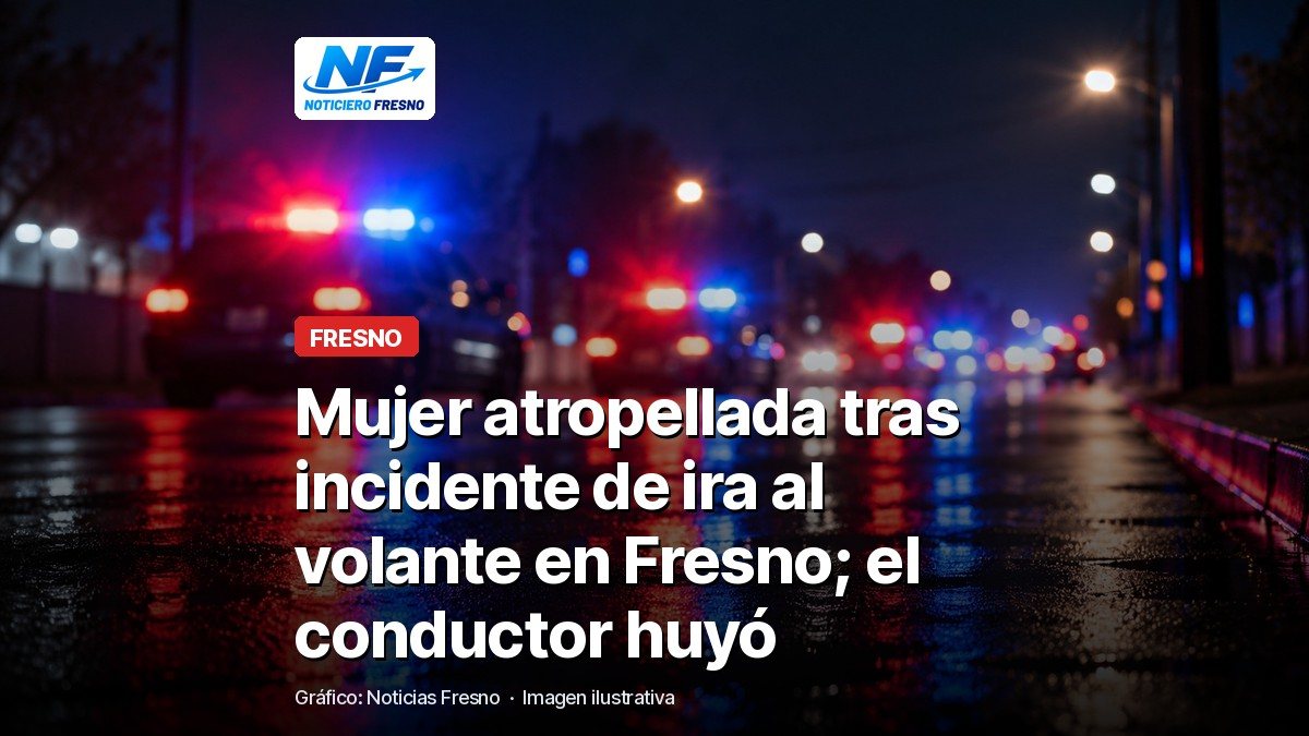 Imagen ilustrativa de luces de una patrulla de noche, con el titular de la nota sobre el atropello tras un incidente de ira al volante en Fresno