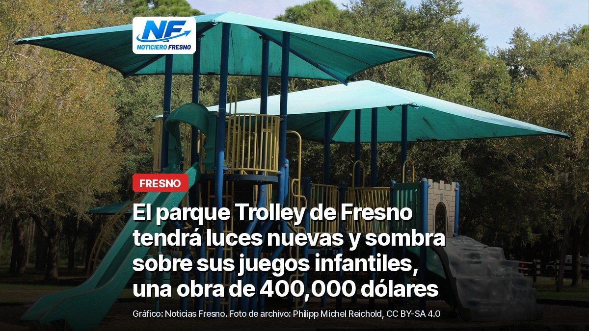 Juegos infantiles cubiertos por toldos de sombra en un parque, foto de archivo que no es del parque Trolley, con el titular de la nota