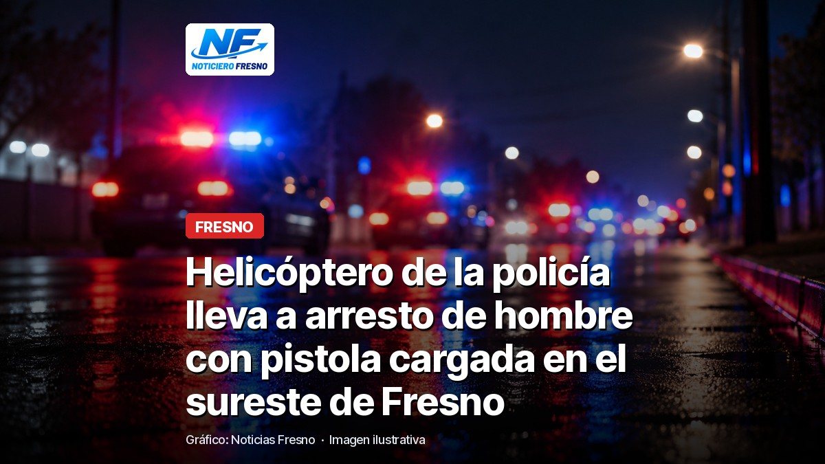 Luces de una patrulla de policía de noche, imagen ilustrativa, con el titular de la nota sobre el arresto por una pistola en Fresno