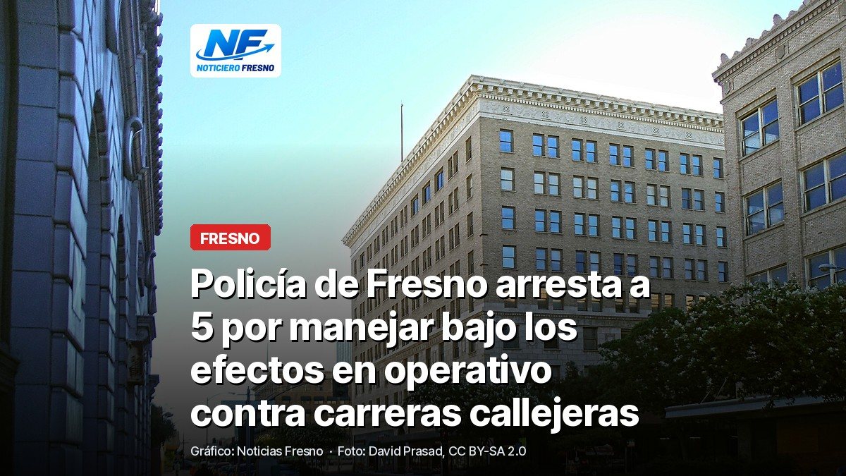 Foto de archivo de la calle Tulare en el centro de Fresno, con el titular de la nota sobre el operativo contra carreras callejeras; no es uno de los lugares del operativo