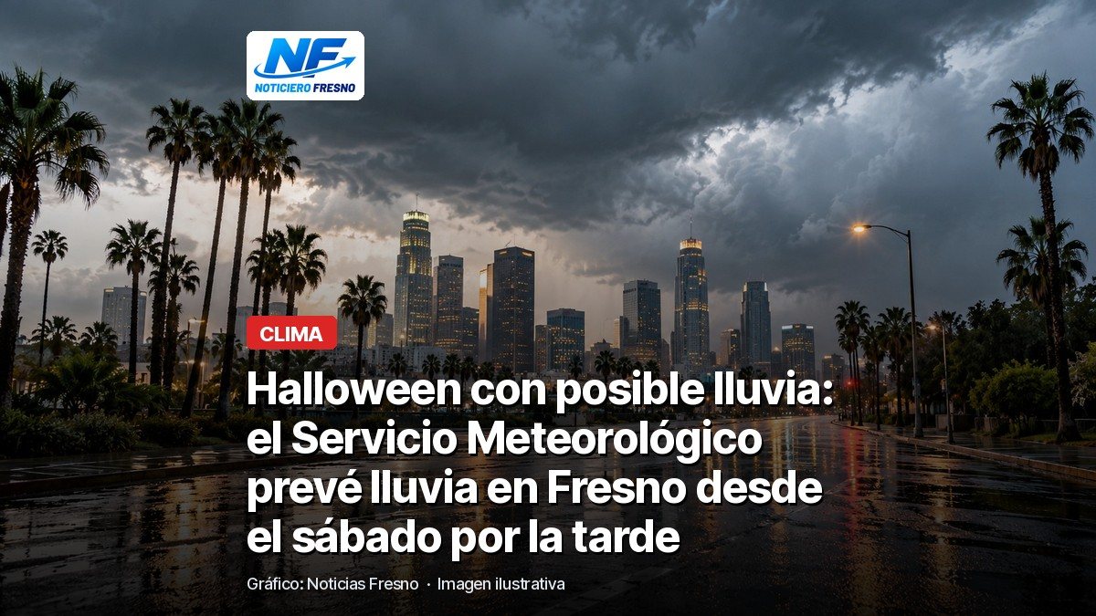 Imagen ilustrativa de lluvia sobre una calle con el titular de la nota; no es una fotografía de Fresno