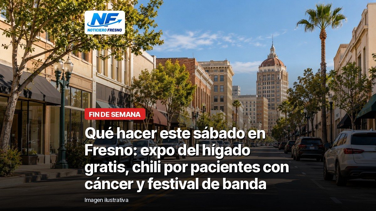 Imagen ilustrativa de una calle del centro con puestos, con el titular de la nota sobre los eventos del sábado en Fresno