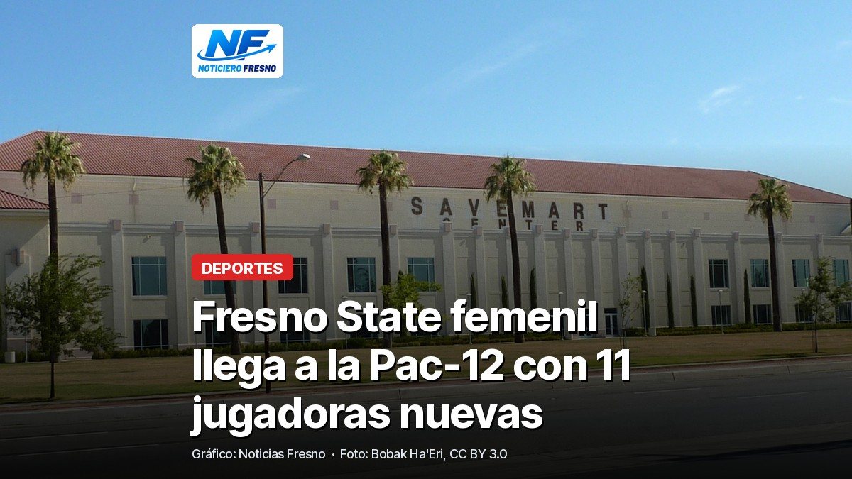 Fachada del Save Mart Center de Fresno State con palmeras al frente, con el titular de la nota sobre el equipo femenil de baloncesto