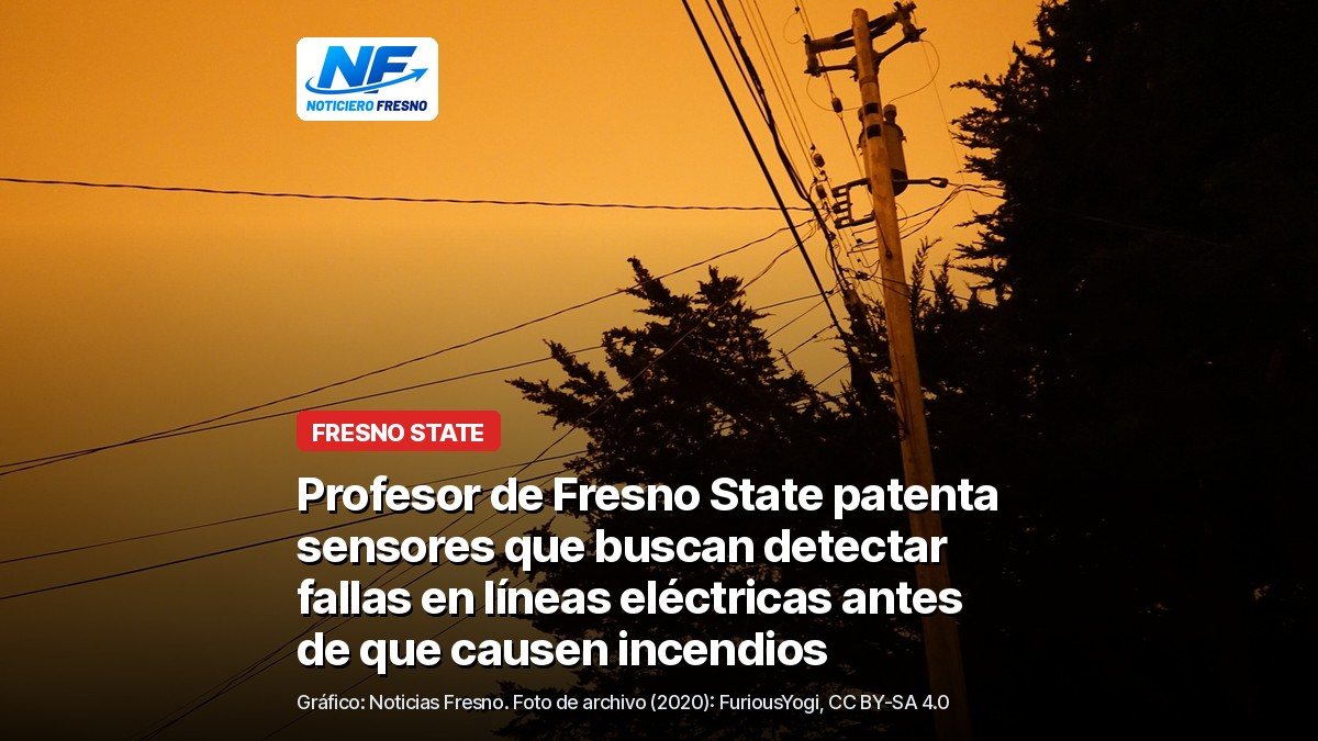 Un poste de luz con cables y un árbol bajo un cielo anaranjado por el humo, foto de archivo de 2020, con el titular de la nota