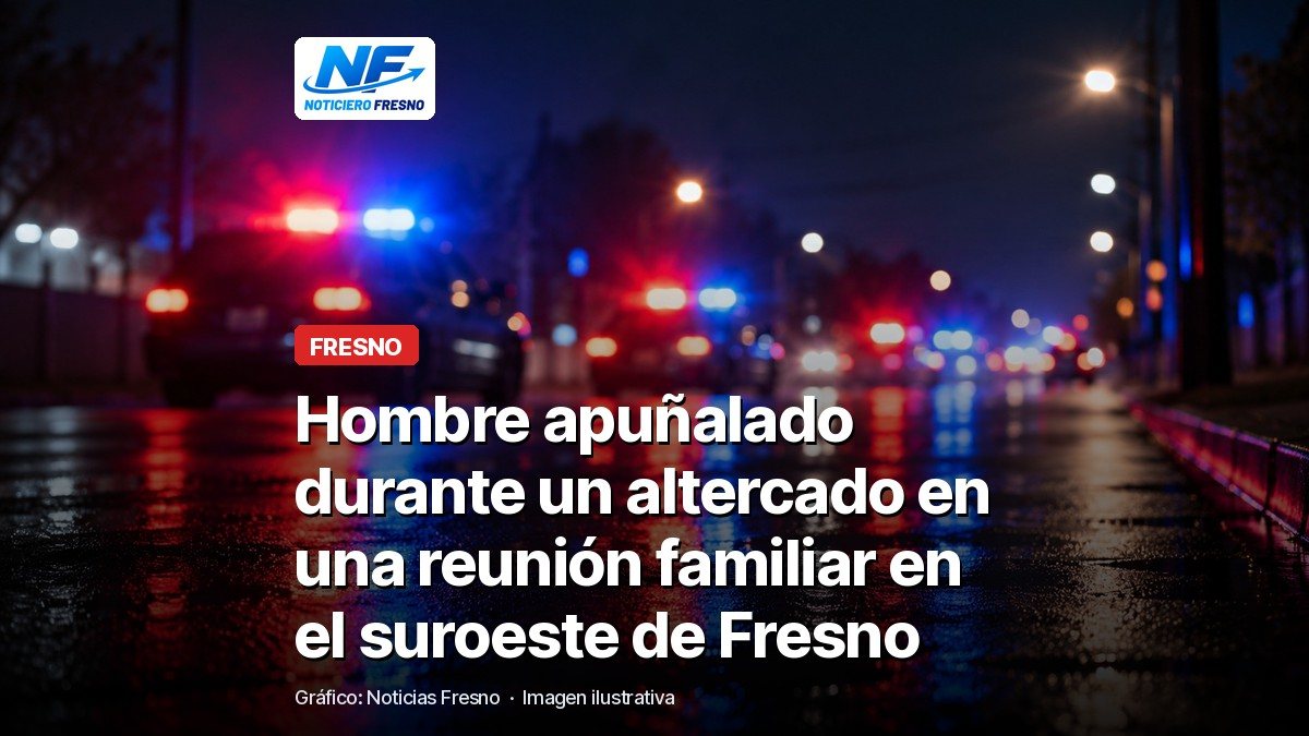 Luces de una patrulla de policía, imagen ilustrativa con el titular de la nota sobre un apuñalamiento en el suroeste de Fresno