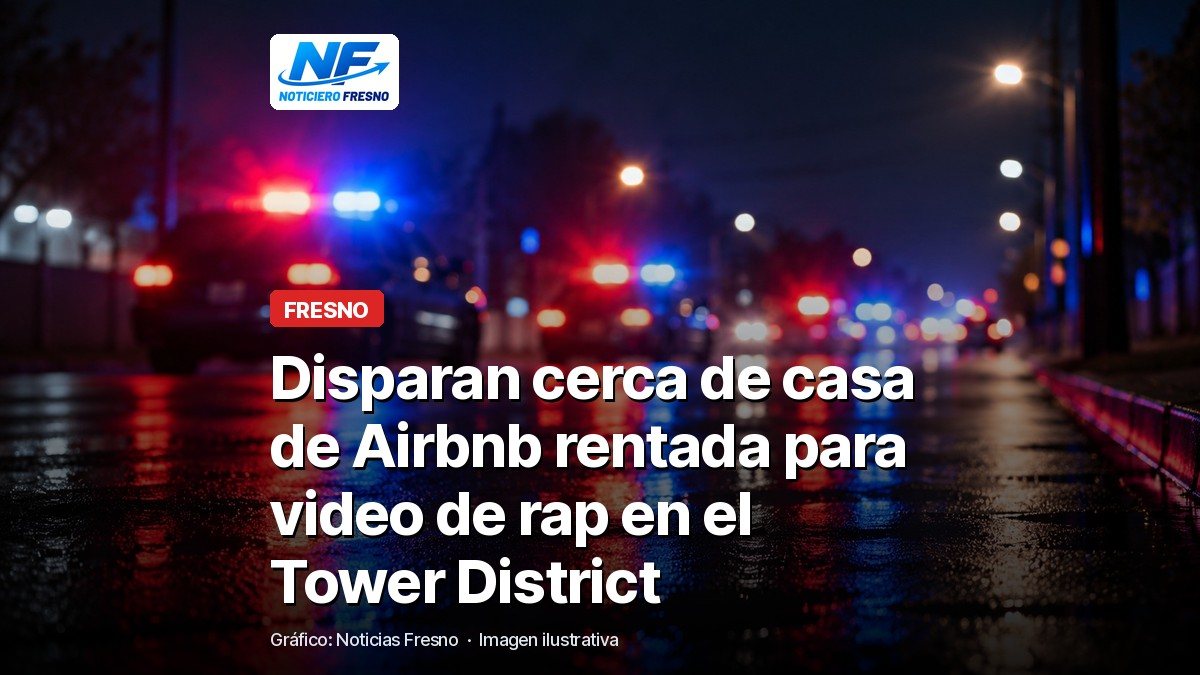 Imagen ilustrativa de luces de patrulla de noche con el titular sobre disparos en el Tower District de Fresno