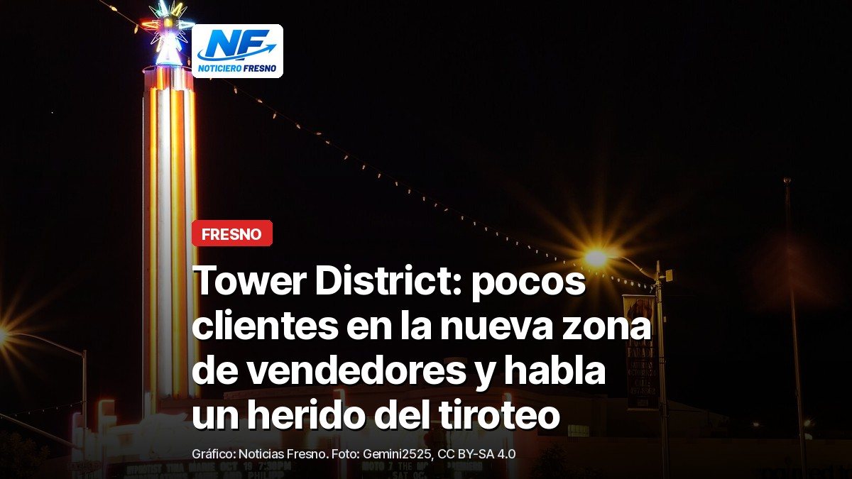 El Tower Theatre iluminado de noche en la avenida Olive del Tower District de Fresno, con el titular de la nota