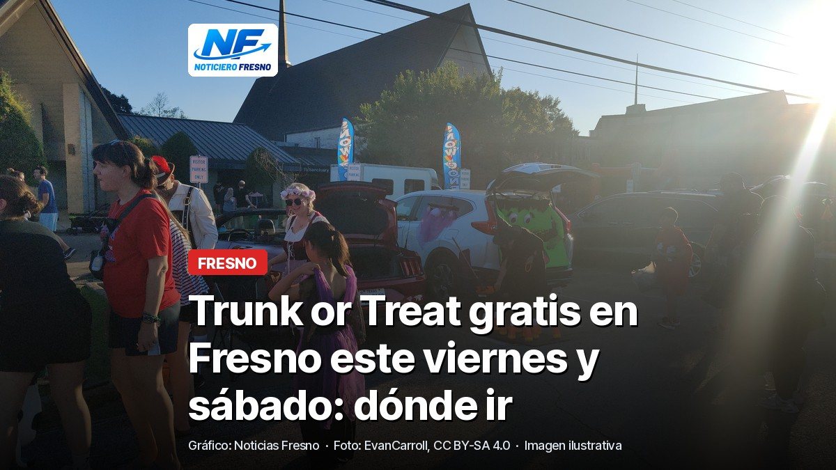 Familias recorren un estacionamiento con cajuelas decoradas durante un Trunk or Treat, con el titular de la nota
