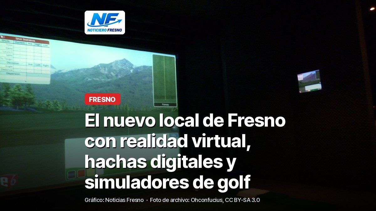 Simulador de golf bajo techo con pantalla grande, con el titular sobre el nuevo local Vibe-In en Fresno
