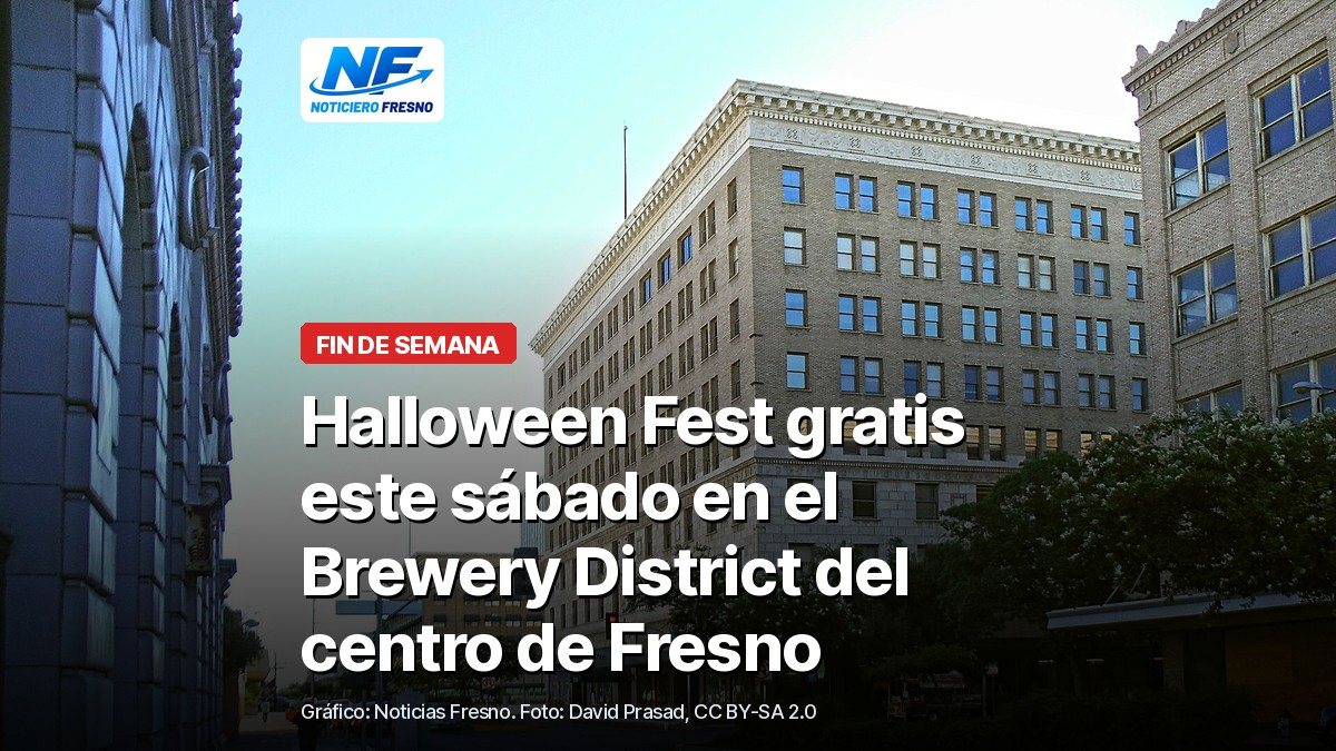 Calle Tulare y el antiguo Fulton Mall en el centro de Fresno, con el titular de la nota sobre el Halloween Fest del Brewery District