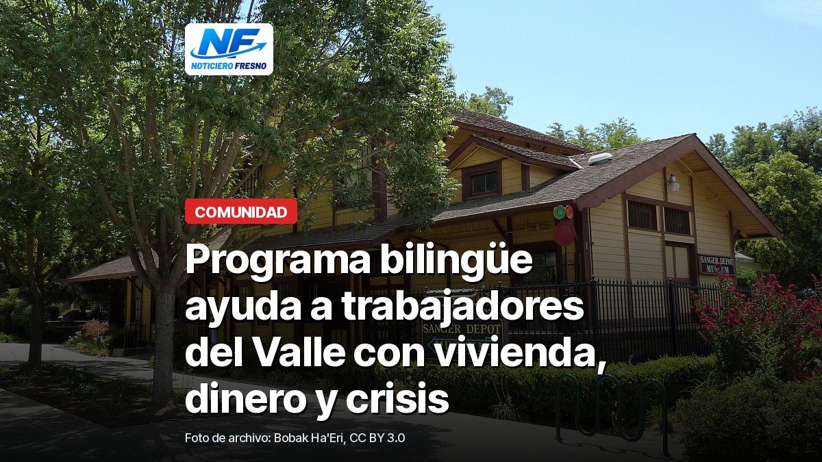 Antigua estación de tren de Sanger, hoy museo, con el titular de la nota sobre Heartland Compass y el apoyo a trabajadores del Valle