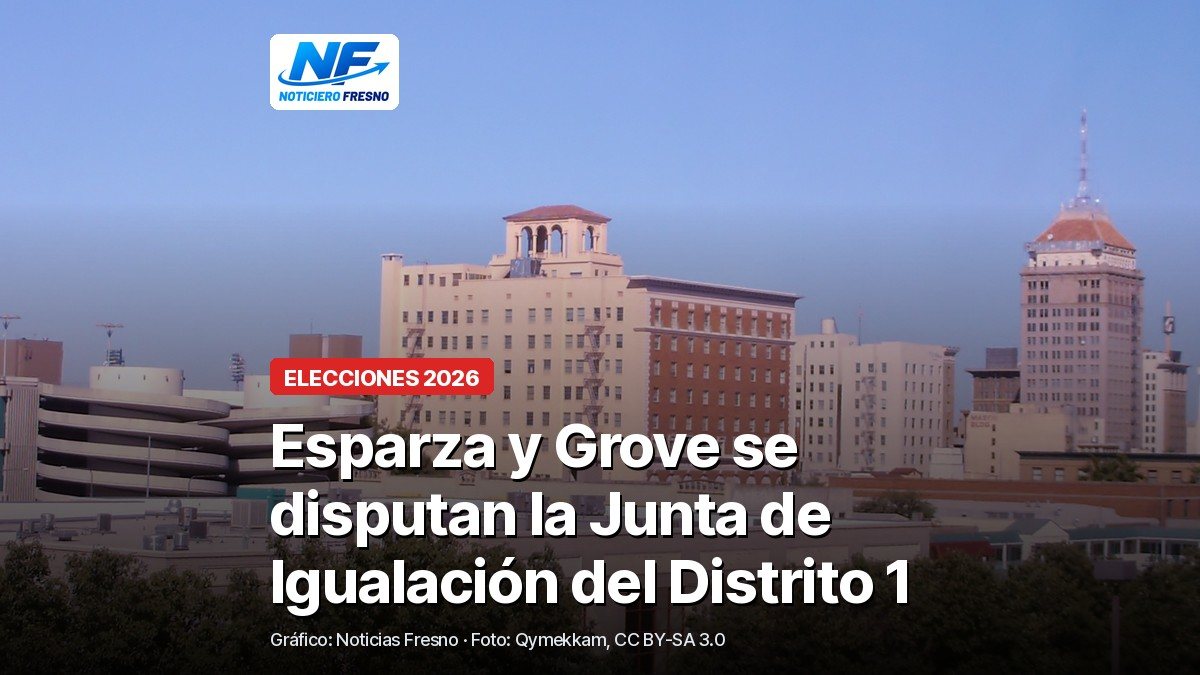 Edificios del centro de Fresno con el titular de la nota sobre la contienda por el Distrito 1 de la Junta de Igualación de California